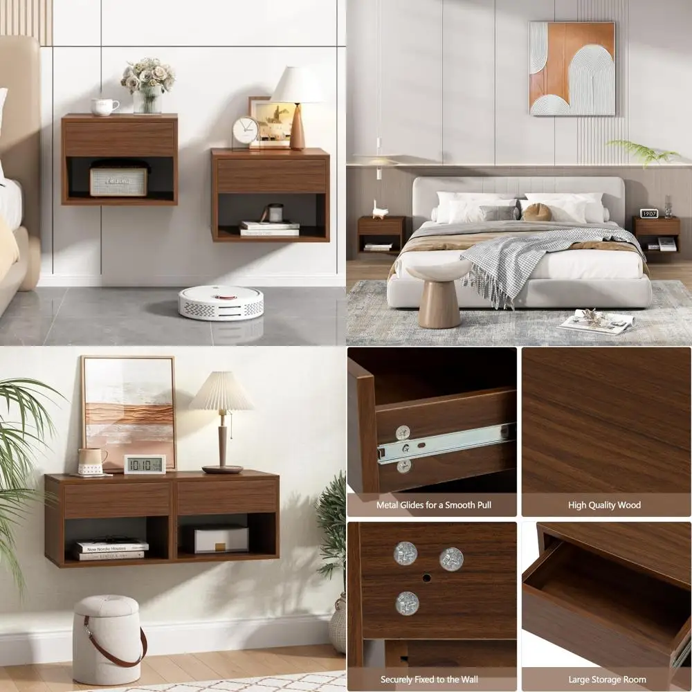 

Набор из двух современных тумбочек с выдвижным ящиком и открытой полкой, плавающая настенная деревянная прикроватная тумбочка для спальни