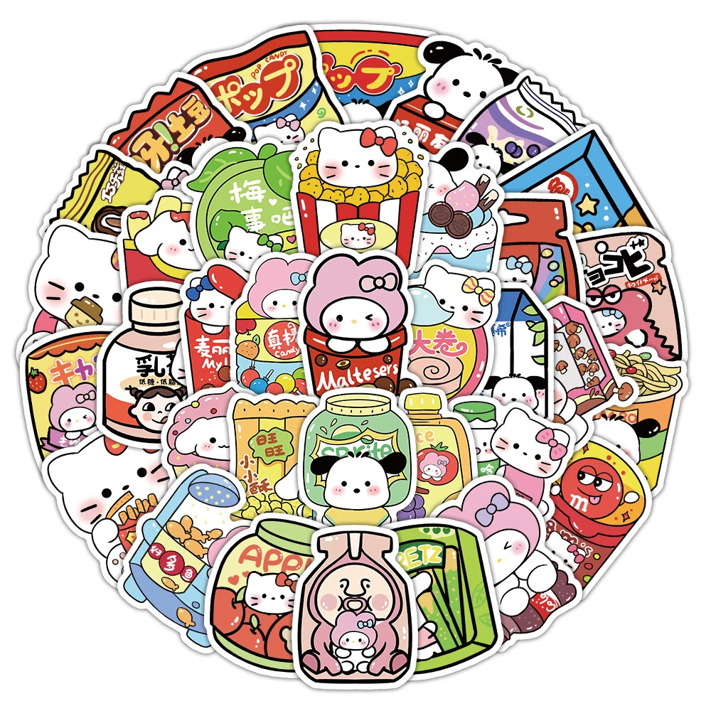 10/30/50pcs Cute Cartoon Sanrio Snack Food Stickers My Melody Hello Kitty Decals Fridge Luggage Phone Kawaii Sticker Decoration