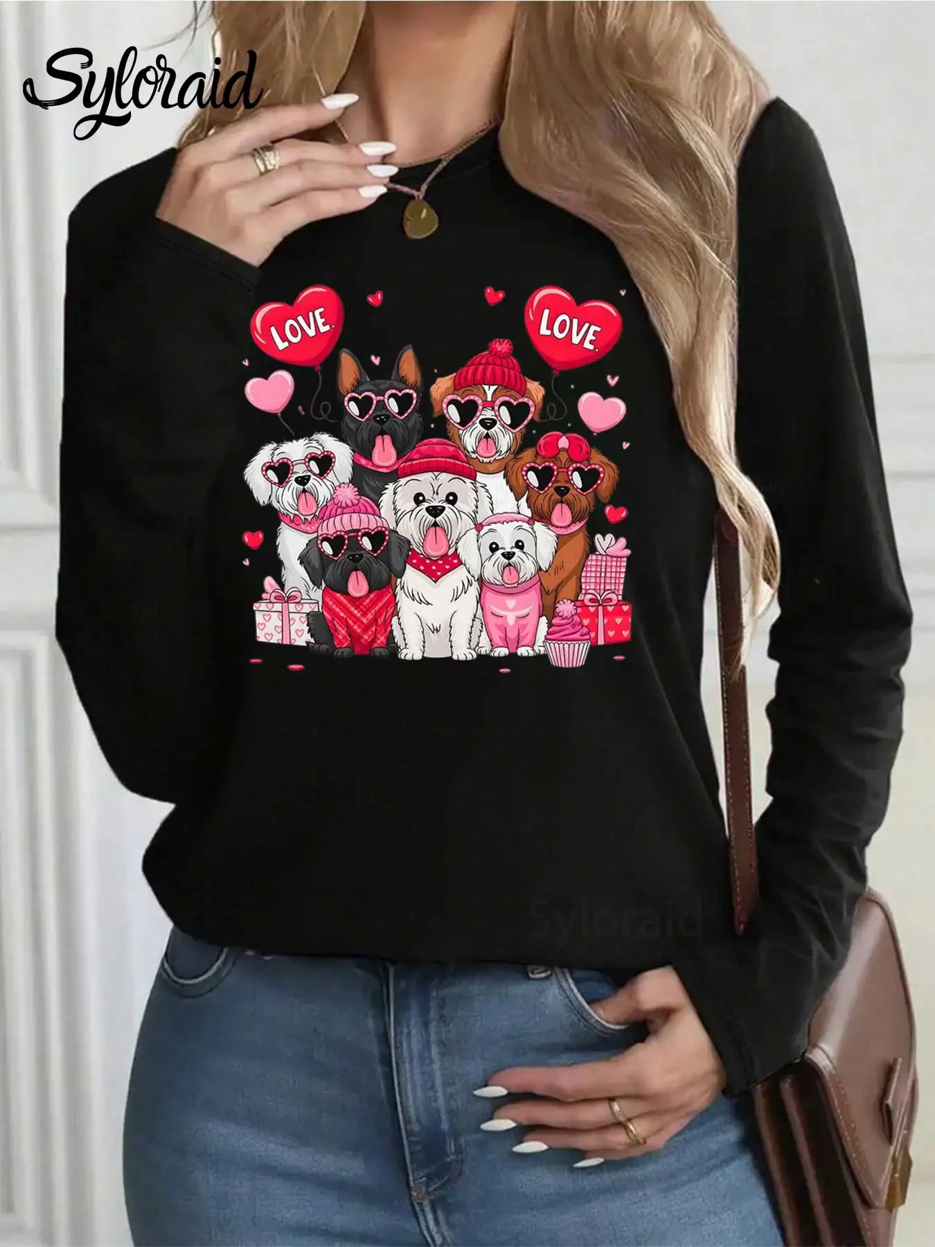 Women's Long Sleeve T Shirt Valentine's Day Love Dogs Print T Shirt Fashion Round Neck Casual Top