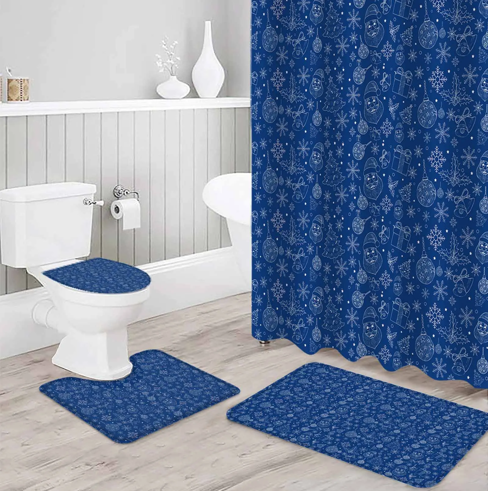 Snow flake PineTree Polyester printed shower curtain bathroom set,luxurious curtainsabstract 4-piece setcoral fleece floor mat