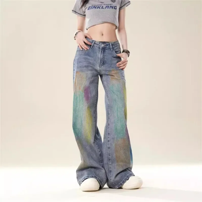 

American Retro High Street Loose Wide-leg Painted Jeans Women's 2026 New Straight Leg Slim Blue Mop Pants