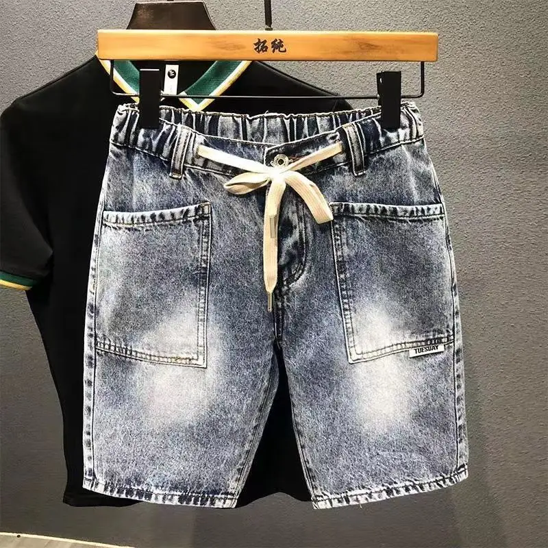 

New Men's Knee Length Denim Shorts Drawstring Casual Summer Jeans Slim Fit Fashion Korean Style Vintage Washed Luxury Shorts