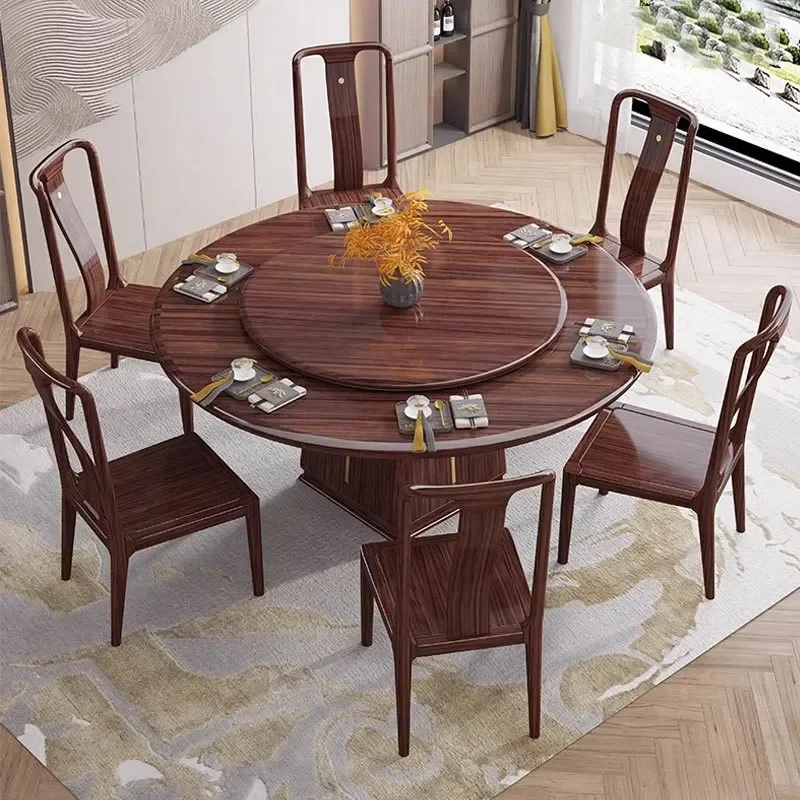 Retro Solid Wood Round Dining Table Set with Lazy Susan New Chinese Minimalist Luxury Home Furniture for Kitchen Living Room