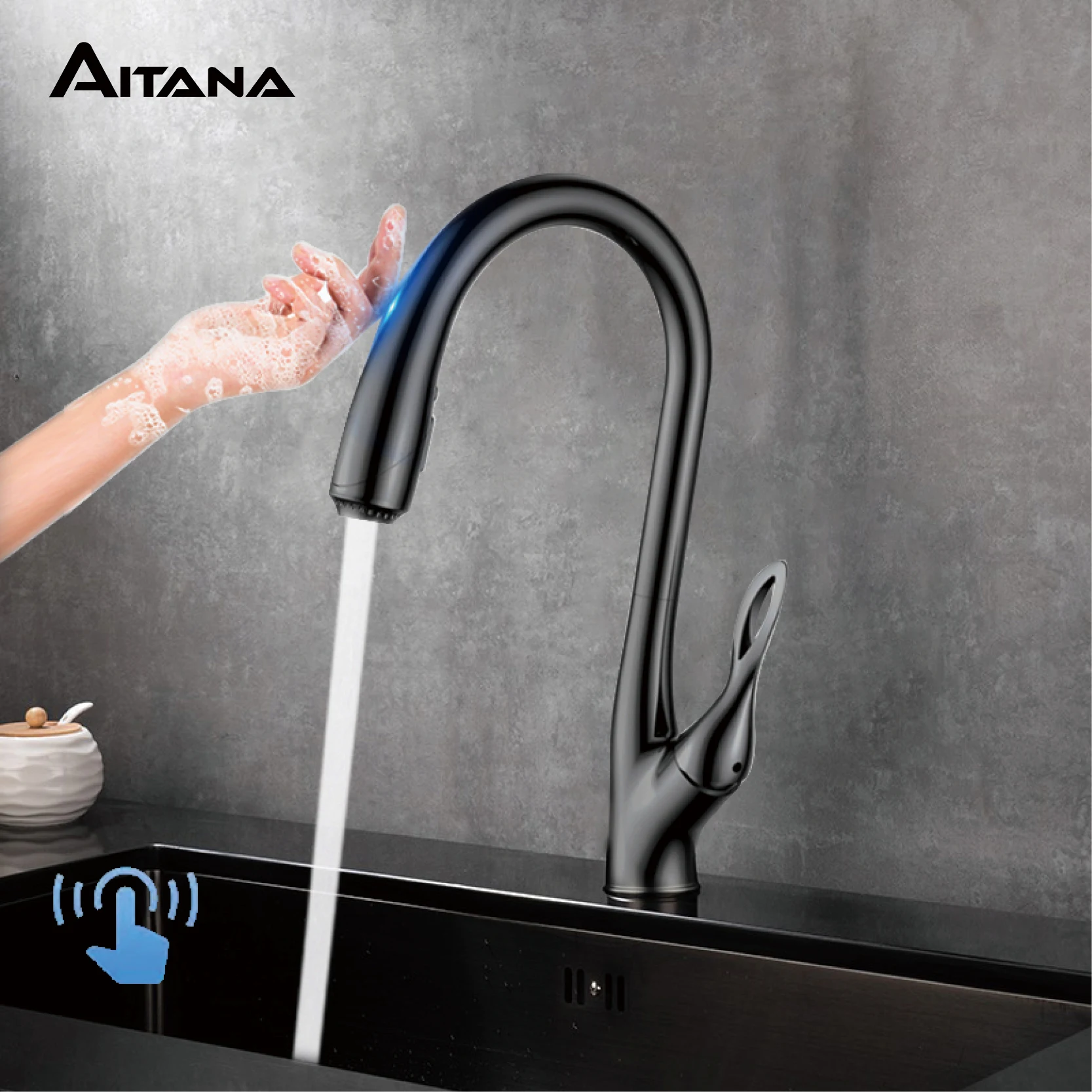 AITANA luxury gun gray brass pull-out kitchen faucet touch switch design single handle hot and cold water 3-function sink faucet