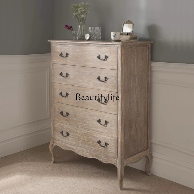 

*American retro old solid wood chest of drawers French oak bedroom storage chest of drawers