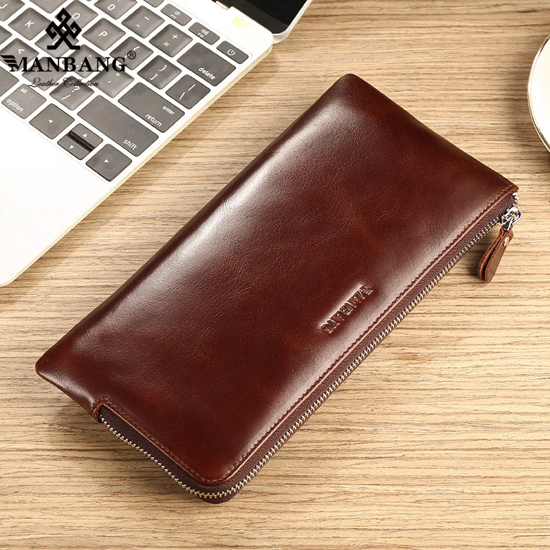 

ManBang Brand Men's Long Wallet Original Genuine Leather First Layer Cowhide Zipper Purse Business Mobile Fashion