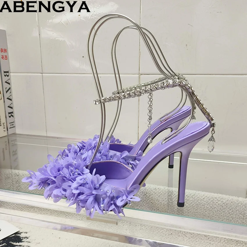 

2026 Summer Crystal High Heels Women Pumps Point Toe Sexy Party Shoes For Woman Ankle Strap Stiletto Sandals Women