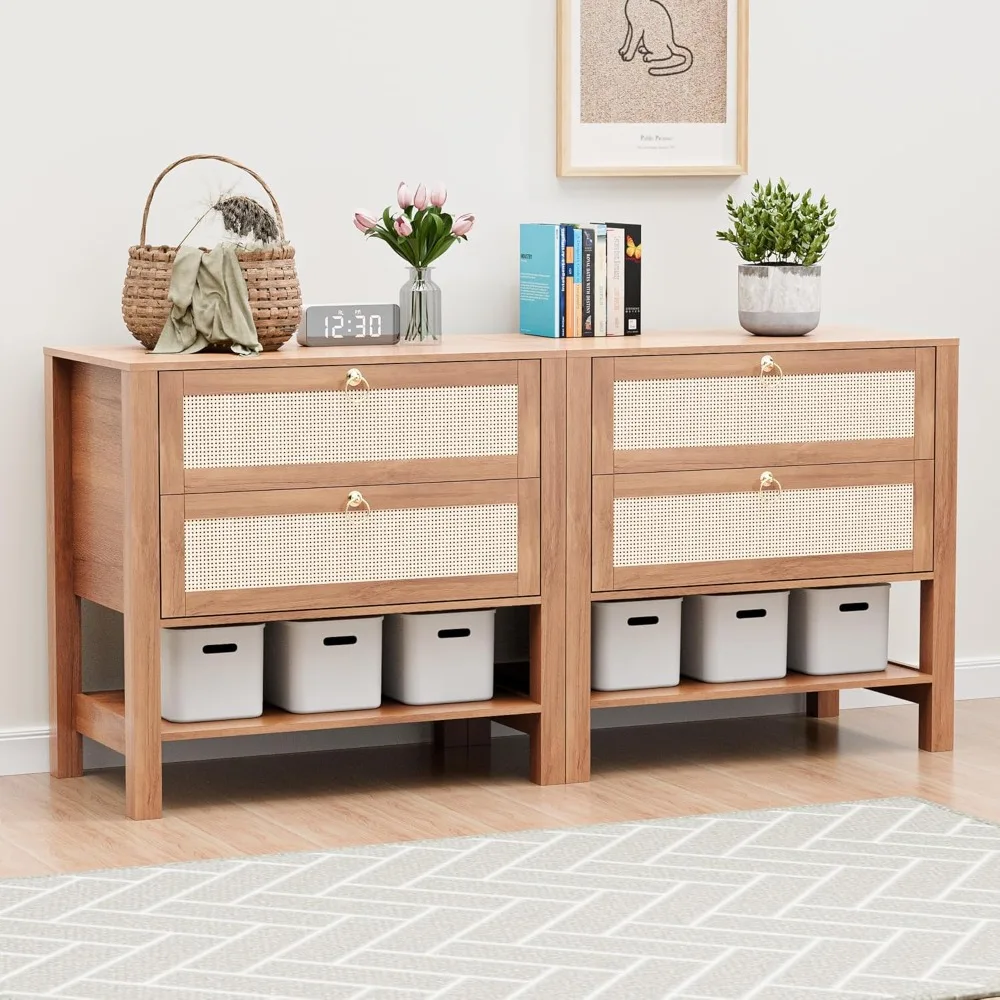 

Rattan Nightstands Set of 2, Mid Century Modern Night Stand with 2 Drawers & Open Storage Shelf, Boho Bedside End Table, Wood Ac