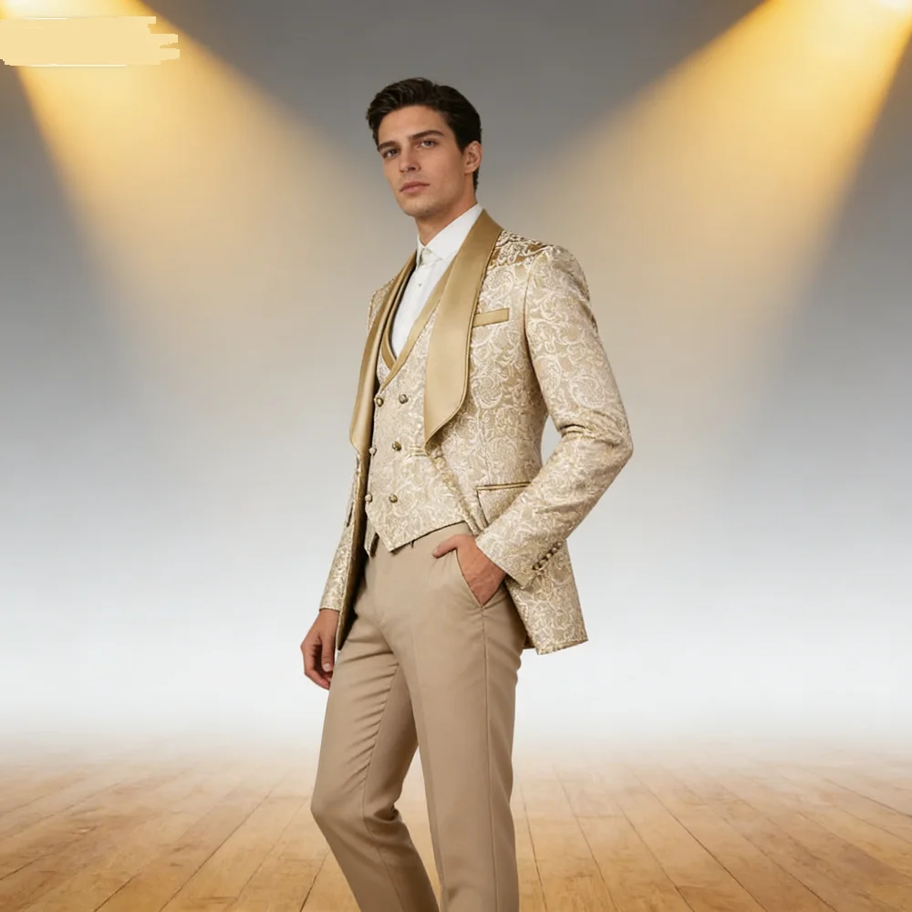 

Champagne Jacquard 3-Piece Men's Formal Smoking Suit with Xale Lapel Blazer Set for Groom Wedding Best Man Elegant Fitted Tuxedo