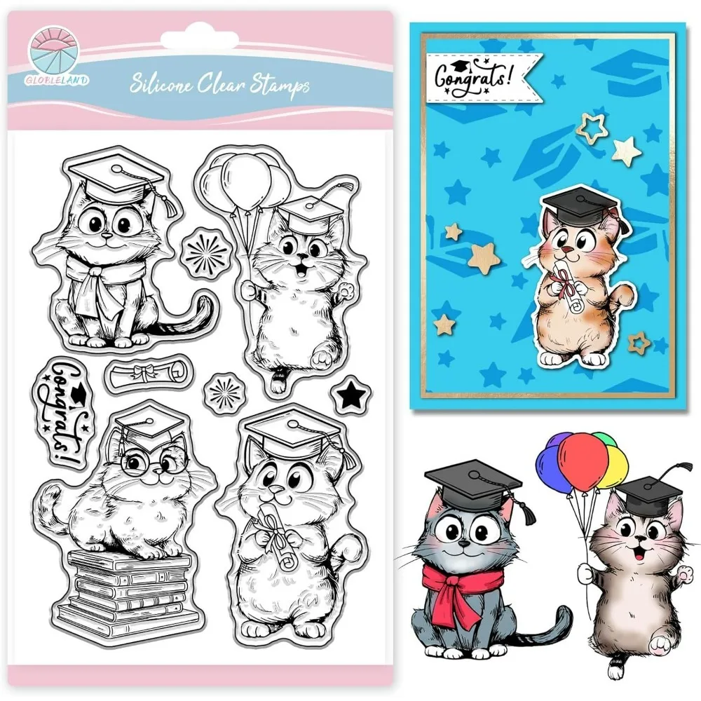 Transparente Stempel mit Cartoon-Katze für Scrapbooking, niedliche Tier-Silikonstempel, Abschlusssaison, transparenter Stempel für die Kartenherstellung