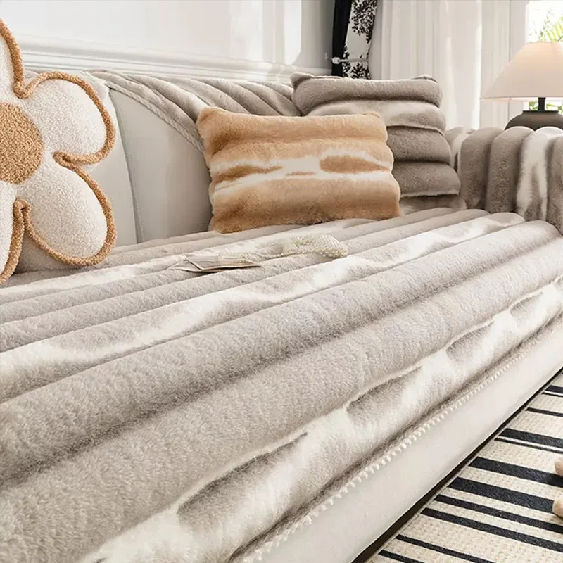 Plush Sofa Seat Cover with Enhanced Comfort and Anti-slip Design, French Rabbit Fur Couch Cushion for Autumn Winter Seasons