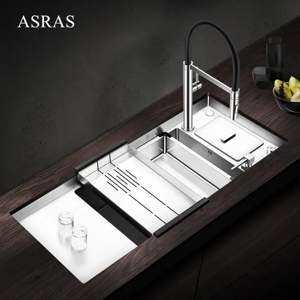 ASRAS 10044L 304 Stainless Steel 4MM Handmade Kitchen Sink Single-Solt Set Menu with Trash Can Leaching Board