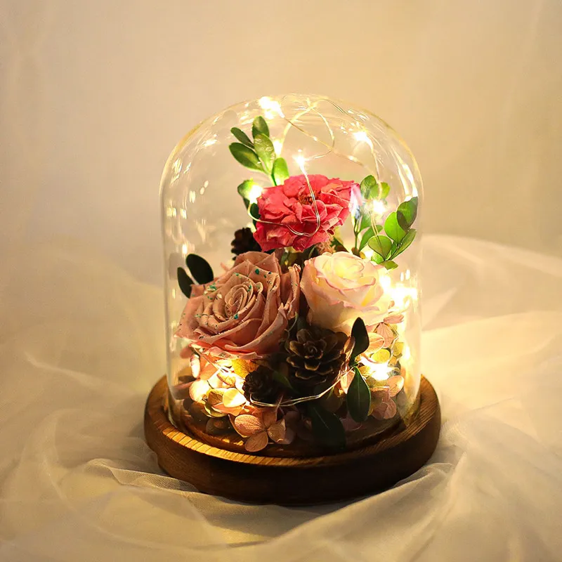 12*15cm Middle Size Glass Dome Vase Home Decoration Luminous Wire Antique Base Transparent Cover DIY Friend Gift Wedding Prop