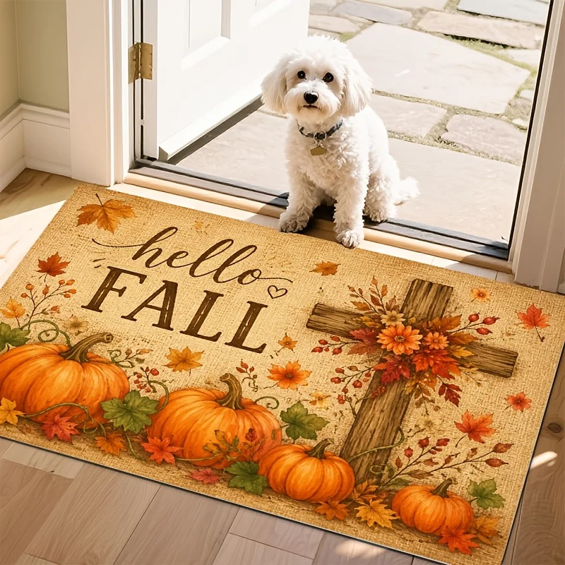 Desktop Pad Hello Fall Lettering Wooden Cross Pumpkin Maple Leaf Art Print Autumn Harvest Tabletop Decor for Indoor