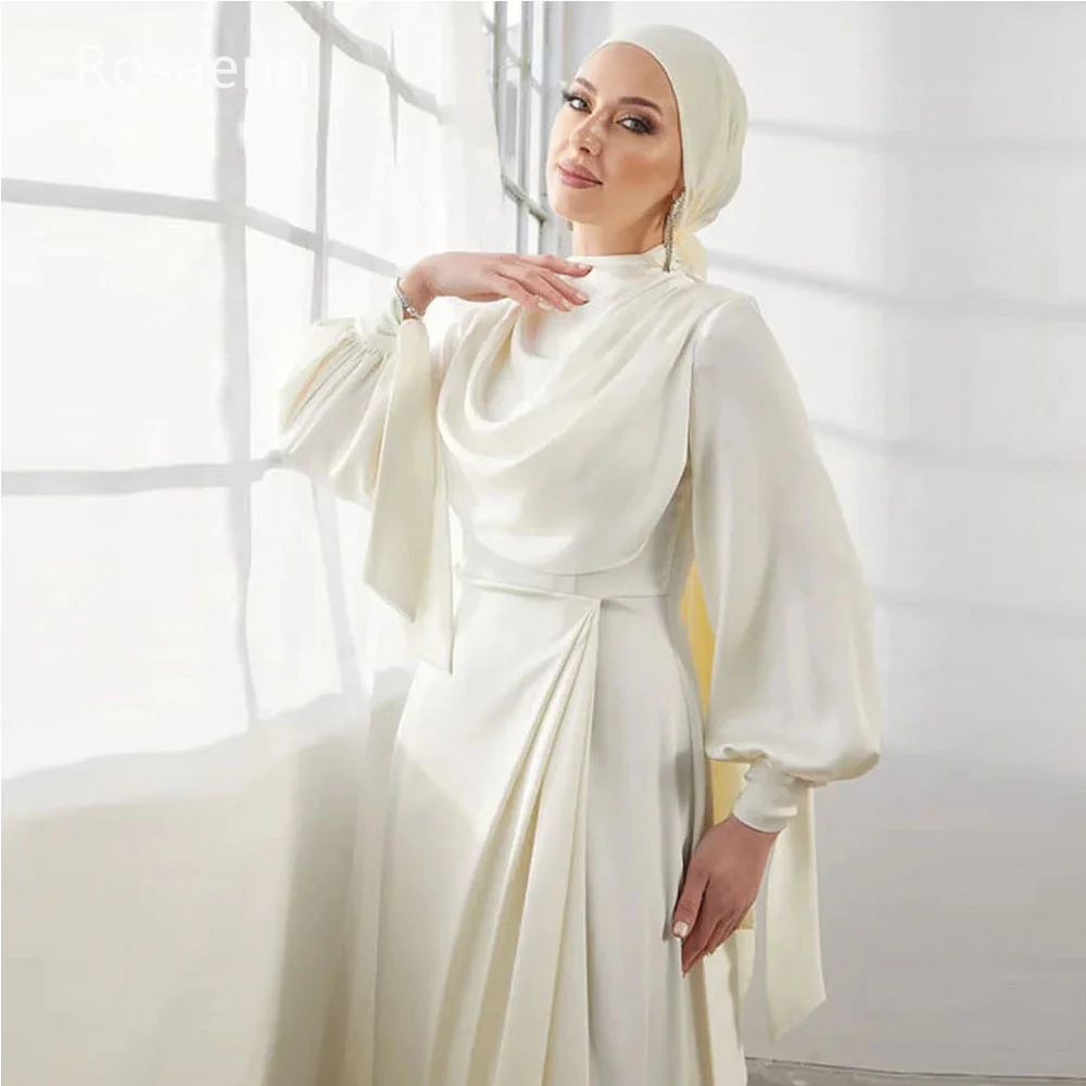 Customized Muslim Elegant A-line High Collar Wedding Dresses 2025 New Design Satin Bride Gown Draped Pleat robe de mariée Pleat