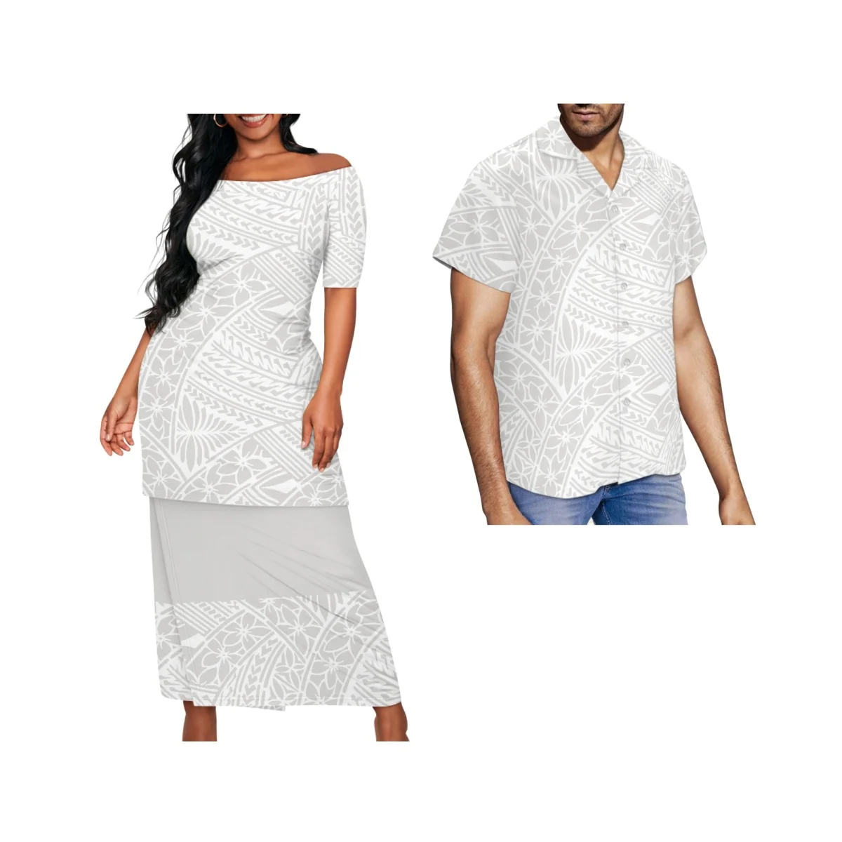 Polynesian New Ladies Puletasi Custom Matching Men'S Shirt Samoa Vintage Art Maxi Dress Set Samoa Couple Set image 6