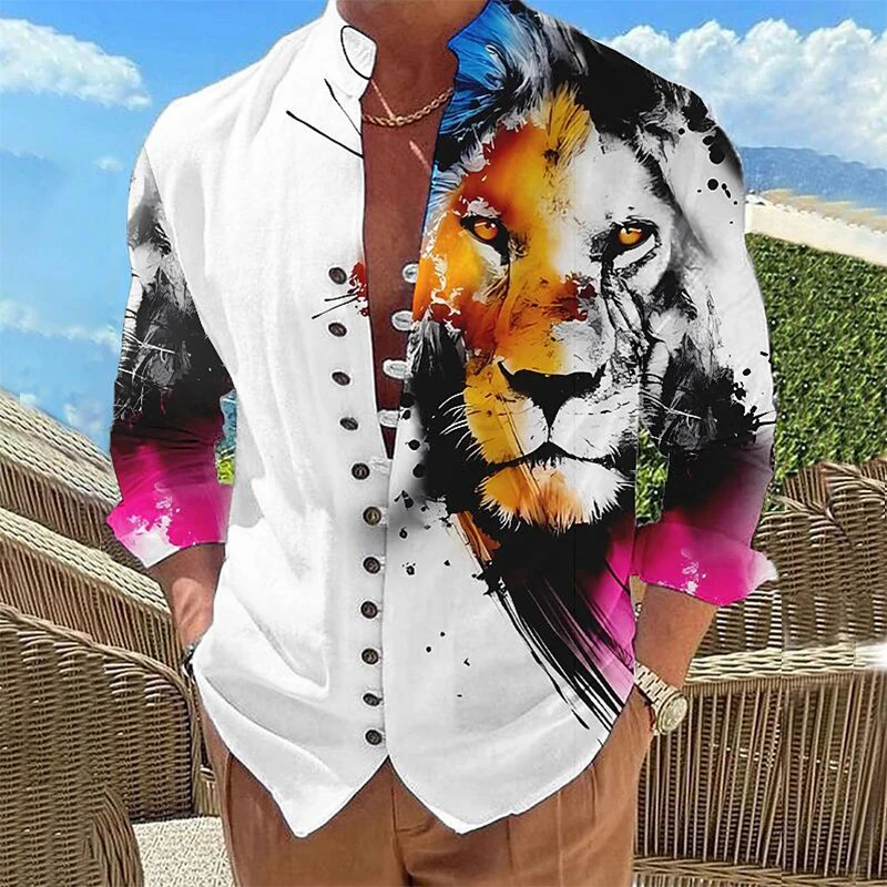 Camisas con estampado con dibujo de León y Animal para hombre, camisa informal a la moda con una botonadura, Top de manga larga con cuello levantado para exteriores