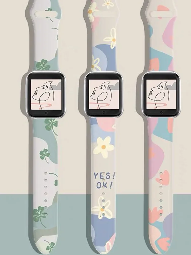 

Ремешок с принтом для Apple Watch, ремешок 44 мм, 45 мм, 41 мм, 46 мм-40 мм Ultra 2, 49 мм, женский силиконовый браслет iWatch Series 10, 9 8 7 6 5 4 SE