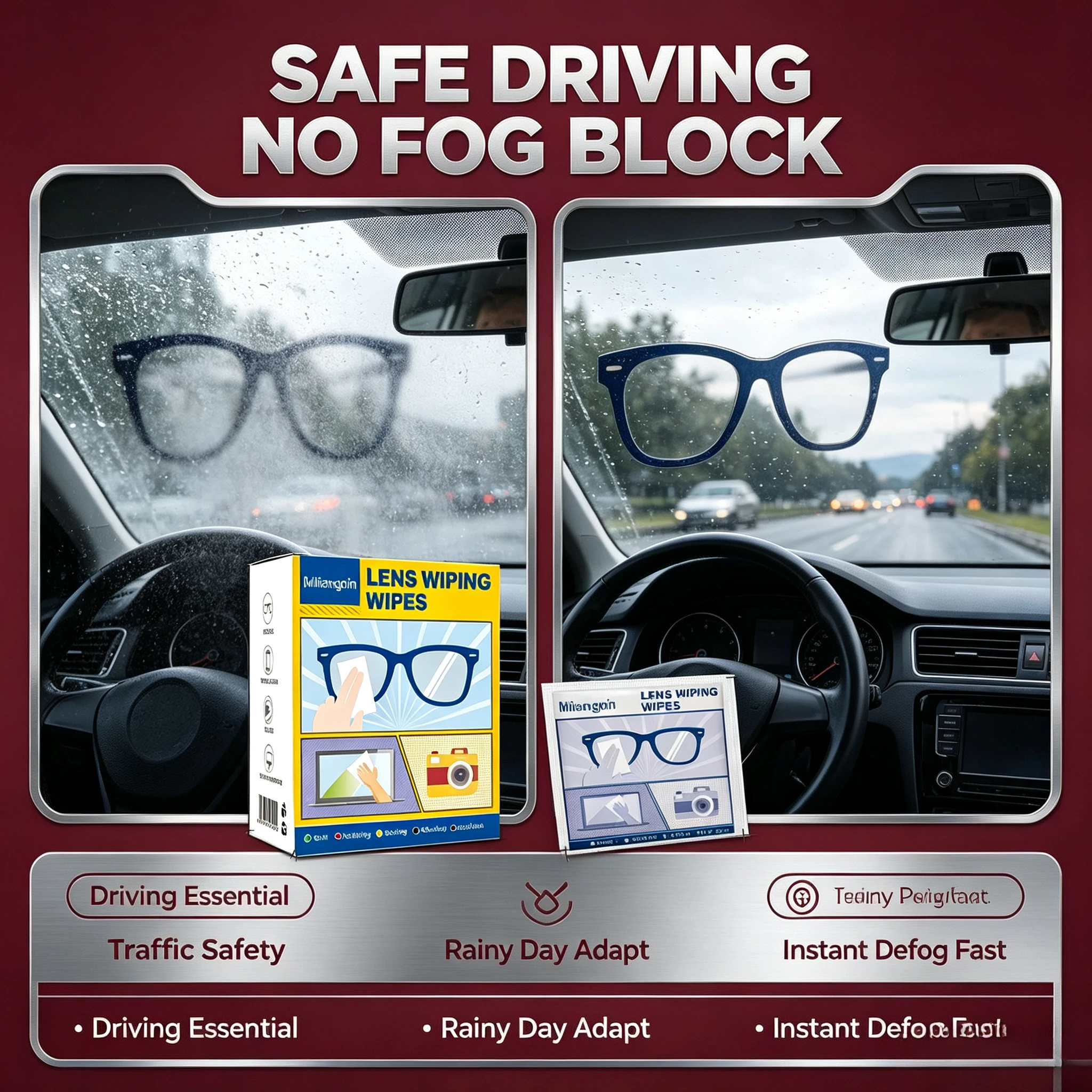 Portable Anti-fog and Anti-dust Cleaning Wipes for Glasses; a Single Sheet Provides Long-lasting Water-spot-free Lenses.