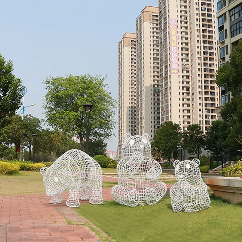 

Outdoor stainless steel hollow panda sculpture garden landscape wrought iron animal sketch lawn shopping mall