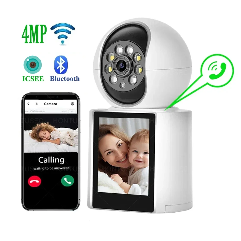 ICSEE 2K 4MP WiFi Camera 2.4 Inch Screen Video Call Answer AI Detect Two Way Audio Color Night Vision 2MP Indoor Baby Monitor