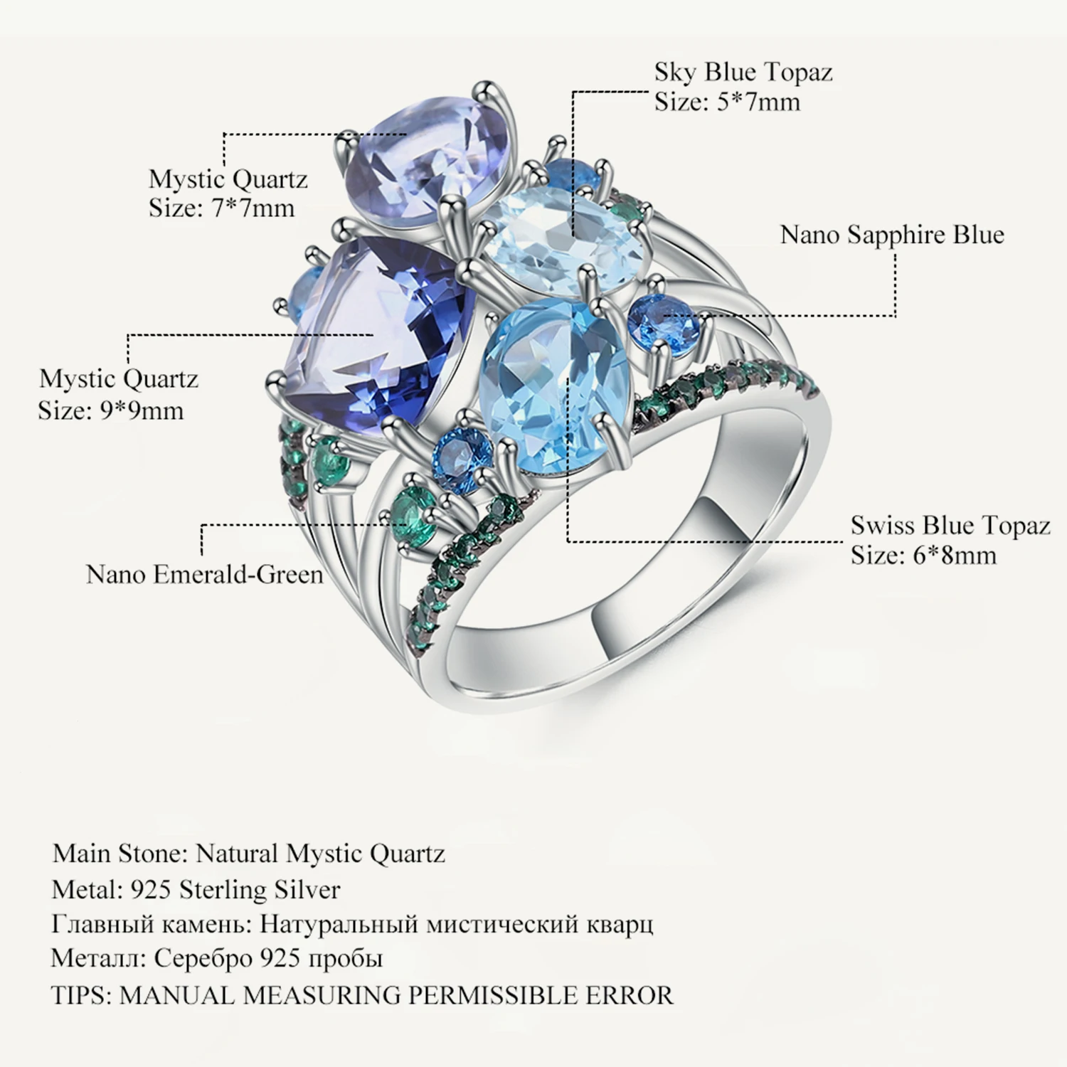 

GEM'S BALLET Natural Mystic Quartz Topaz Gemstone Ring 925 Sterling Silver Geometric Statement Rings for Women Wedding Jewelry