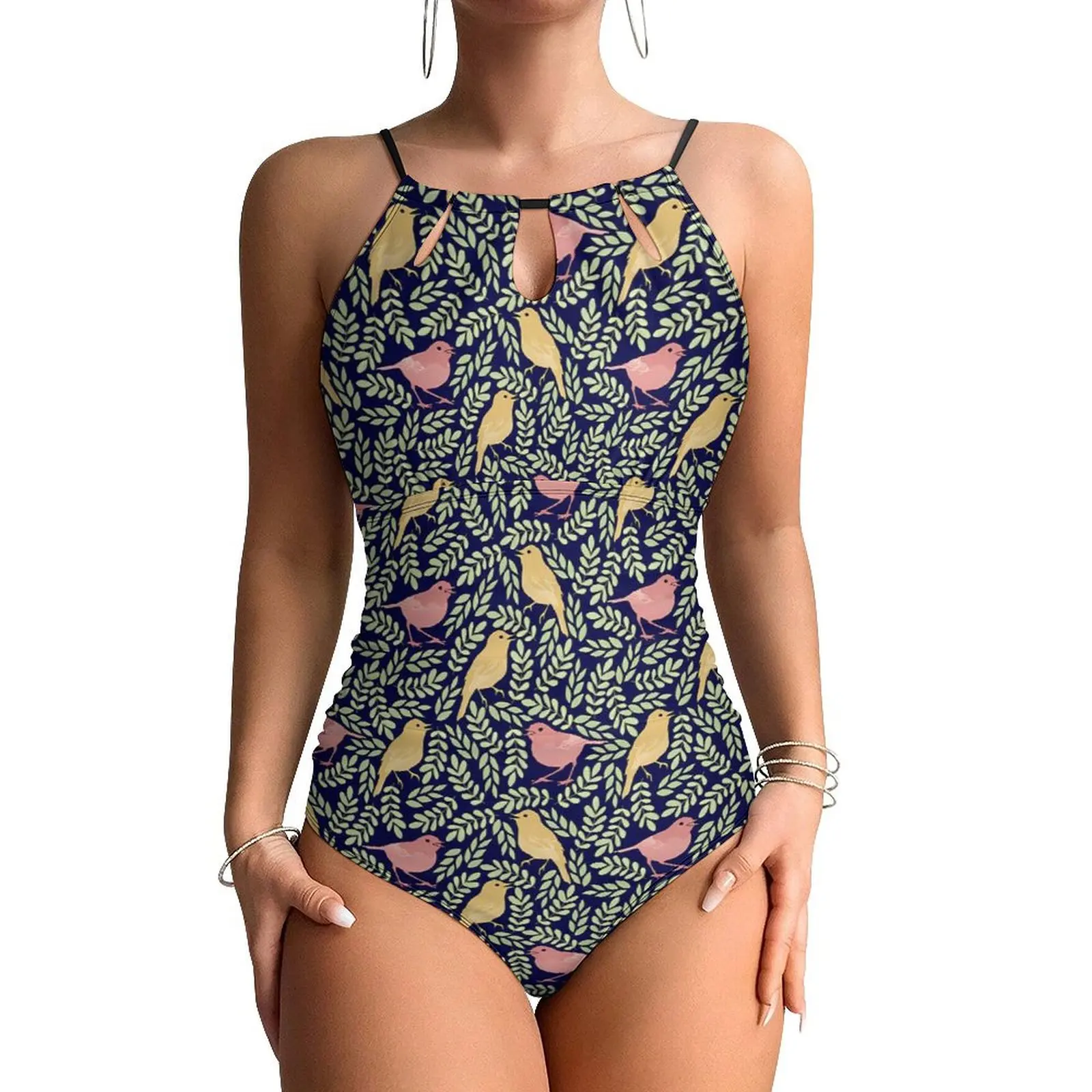 

Bird Songbird Swimsuit Botanical Print One-Piece Swimwear Push Up Stylish Bathing Suit Sexy Fitness Printed Bodysuit