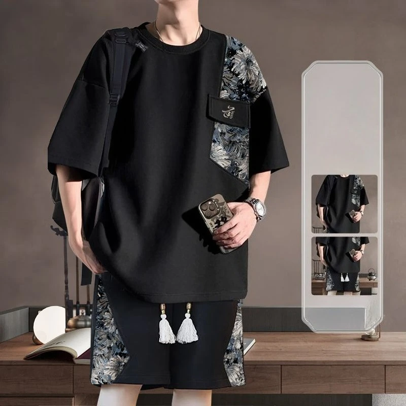 

Male T Shirt Short Sets Graphic Black Print Men's Shorts Set Quarter Sleeve High Quality Outfits 2 Piece Outfit Fashion Man 2025