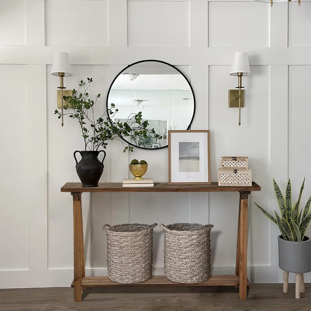 Mesa de console rústica de madeira maciça, mesa de sofá de dois camadas 43,3, estilo fazenda natural para sala de estar e entrada