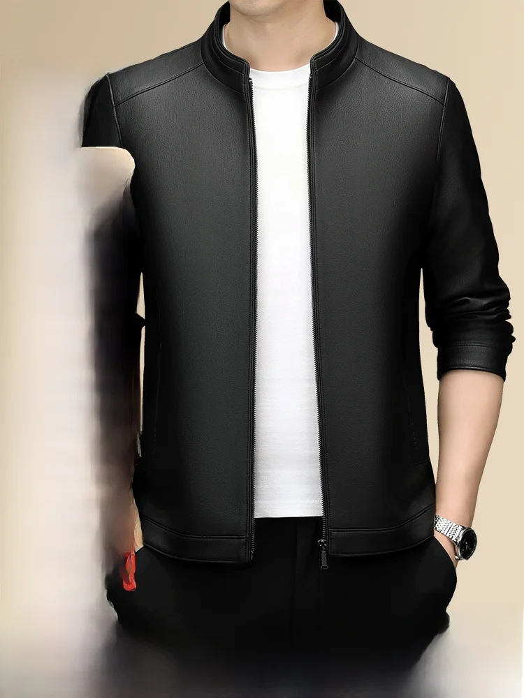 

Autumn Winter Handmade Real Deer Skin Leather Jaet Men's Thiened Floed Stand Collar Dad Sle Outerwear Busin Casual