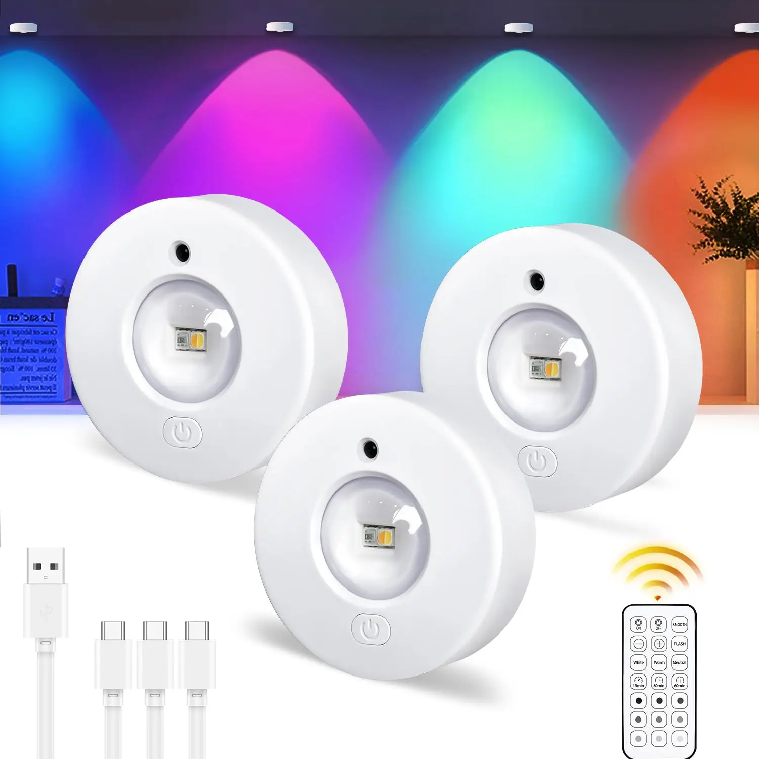 

RGB 12-цветный перезаряжаемый светодиодный светильник для шкафа, магнитный светильник-шайба, беспроводной светильник для гардероба/винного шкафа с пультом ДУ