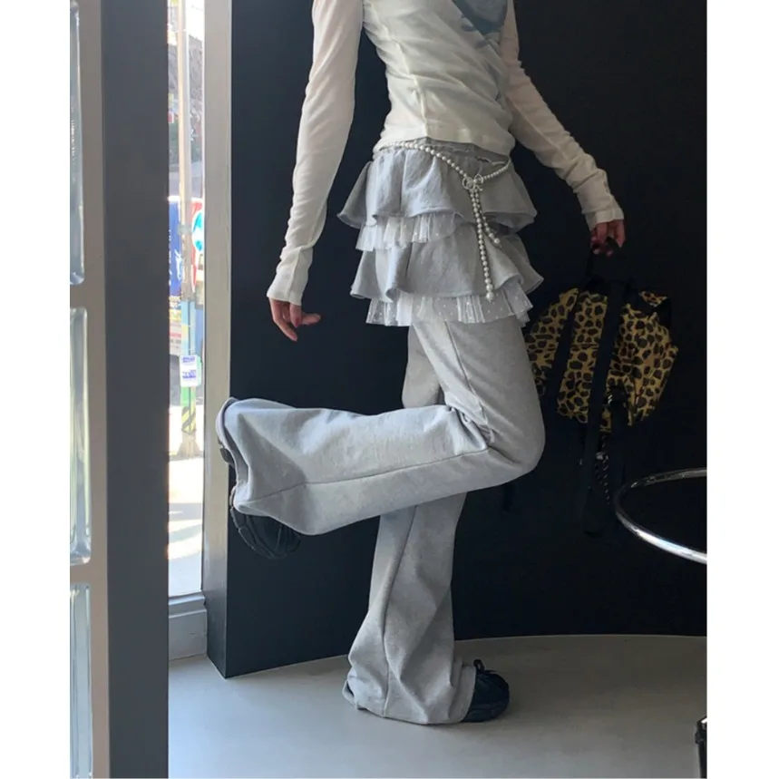 Polka Dot Mesh Splice Sweatshirt Pleated Skirt Hem Fake Two Piece Long Pants Bell Bottoms Casual Pants for Ladies