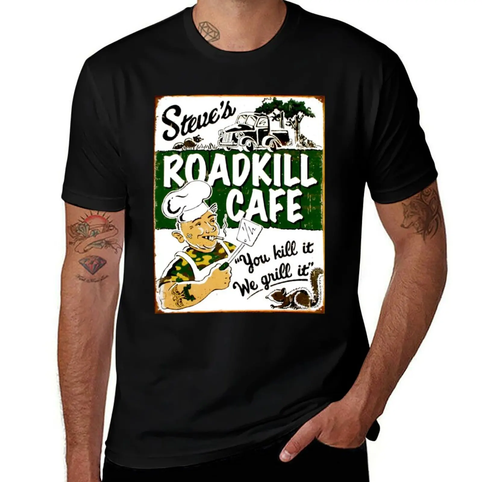 

STEVES ROADKILL CAFE; Vintage Advertising Restaurant Print T-Shirt plus size clothes funny costumes men graphic t shirts
