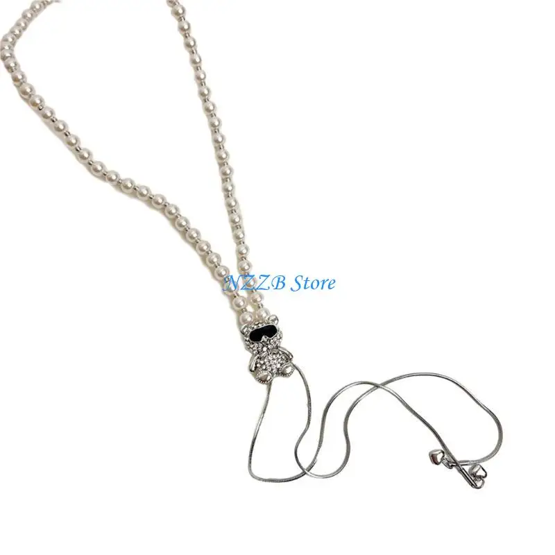 

T21F Sunglass Bear Drawing Pearls Necklace Female Temperament Niche Tassels Collarbone Chain Student Adjustable Chain Jewelry