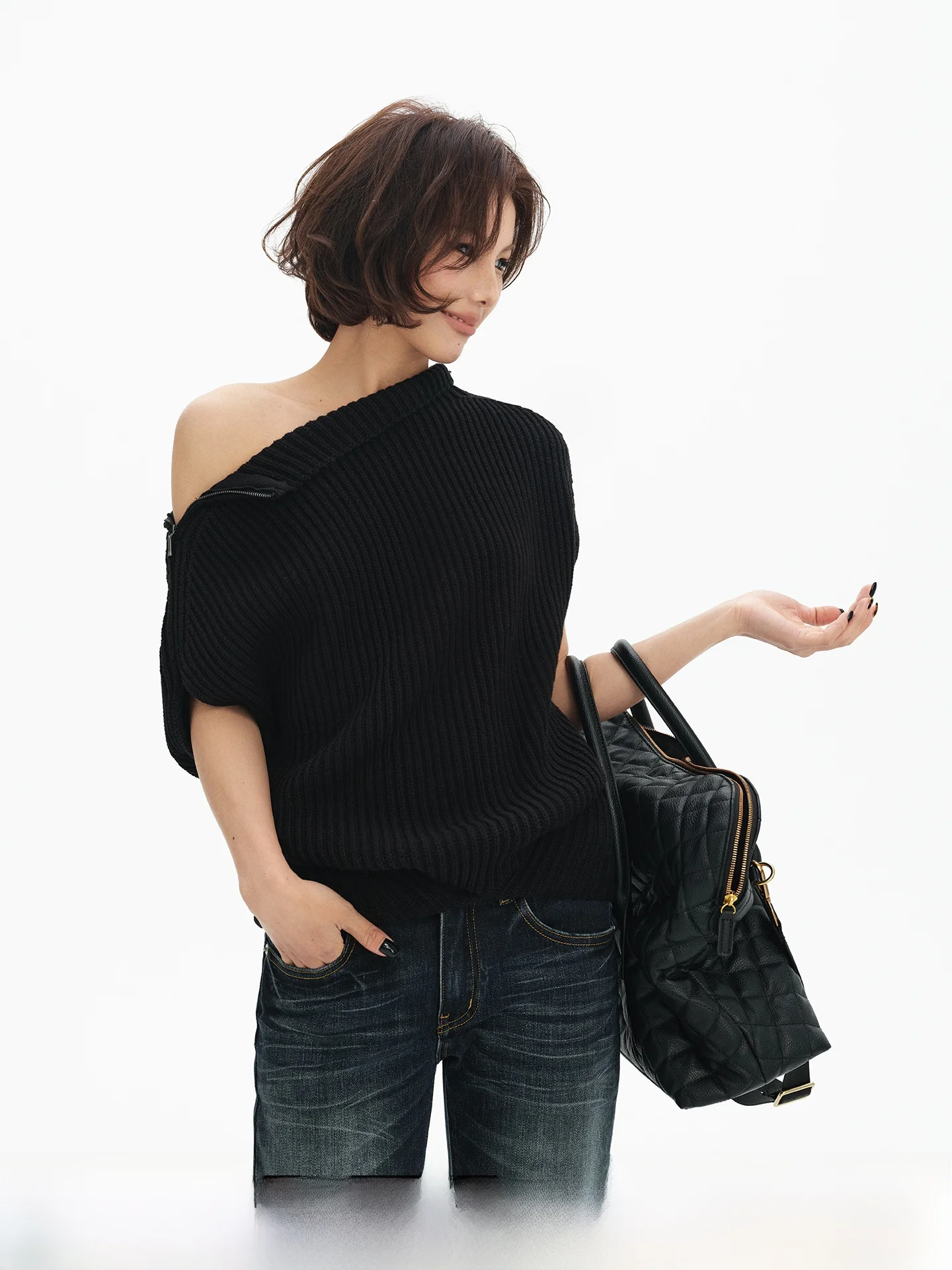 

Iteatoffice Intellectual Style Heavy Work Cotton Sweater Black Half High Collar Two-Way Wear Side Zipper Coat-Dress for Women