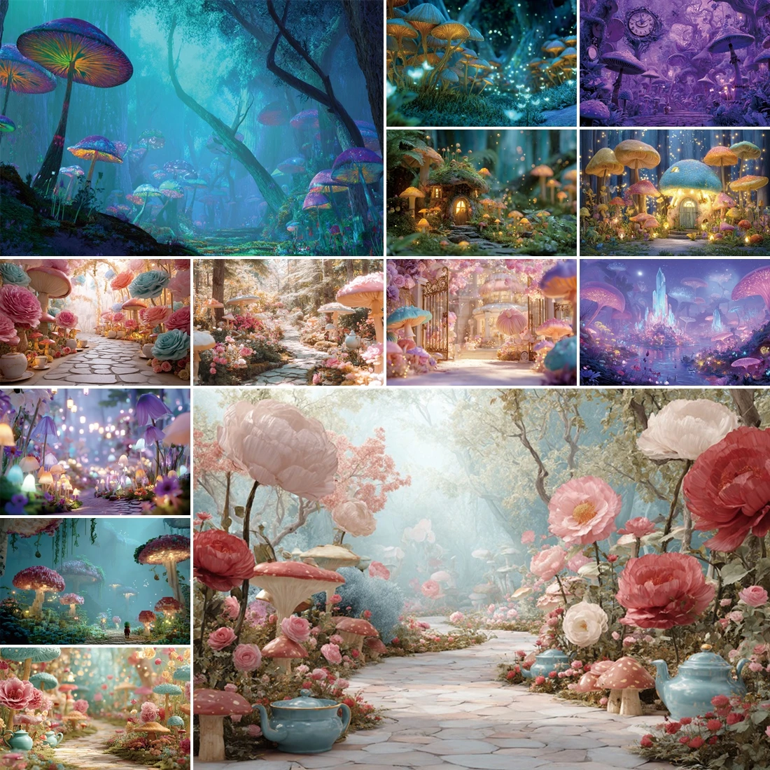 

MOON.QG Dreamy Fairy Tale Forest Mushroom Trees Flower Background Photography Backdrop Kid Birthday Baby Shower Photozone Poster