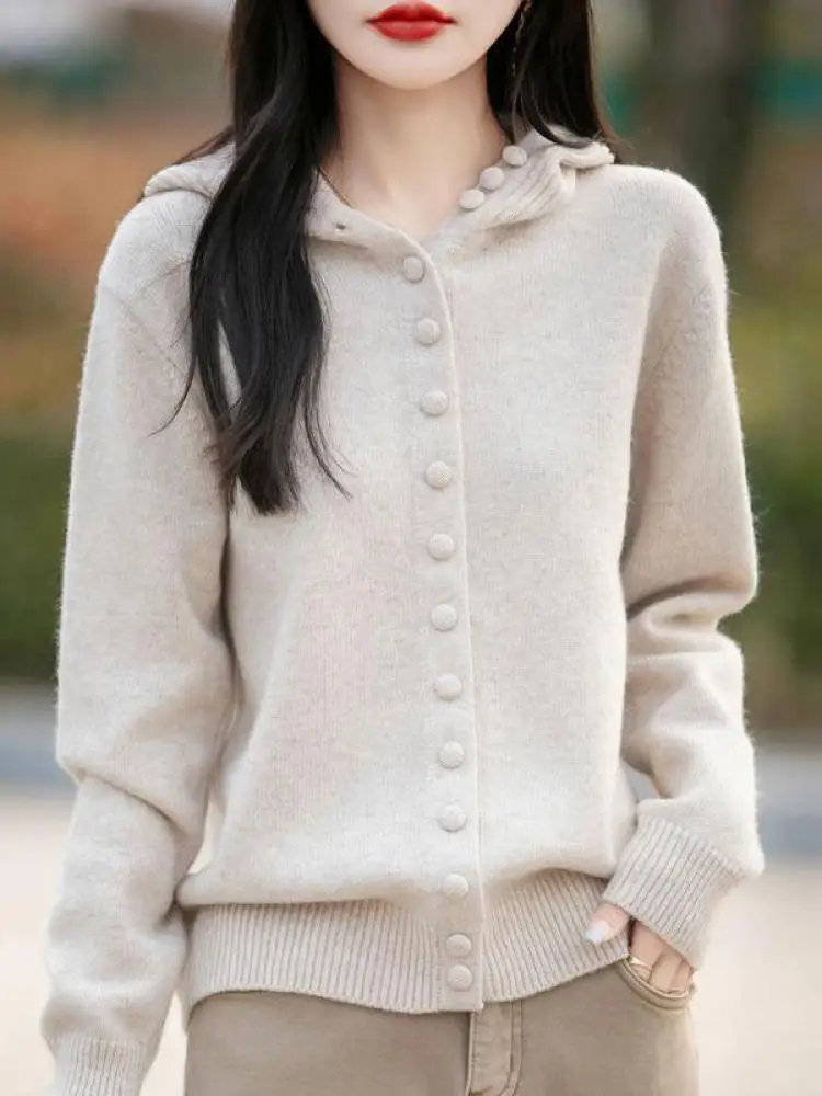 Korean New Autumn Winter Solid Single Breasted Hooded Cardigan Short Sweaters Women's Long Sleeved Warm Knitted Tops Streetwear