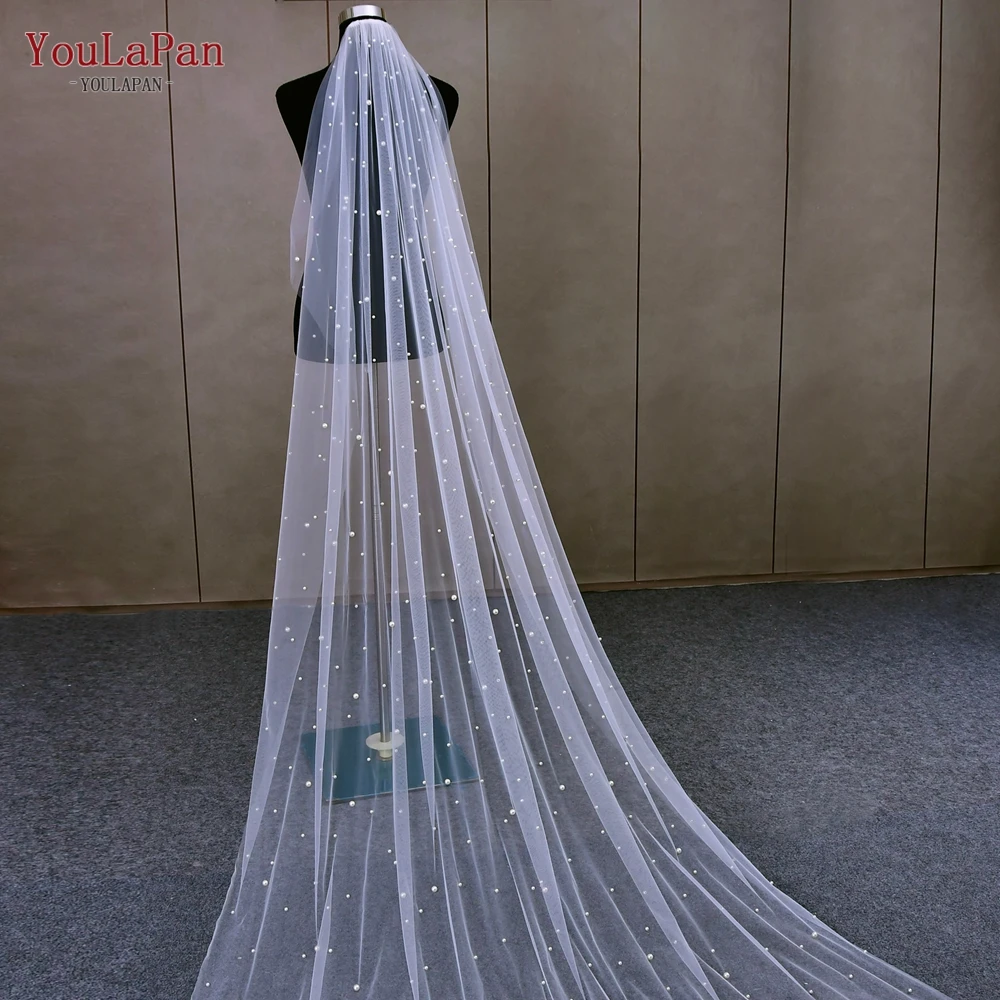 YouLaPan Bridal Veil MIXED PEARL Wedding Veil with Hair Comb 1 Tier Long Pearl Cathedral Wedding Veil High Quality V182