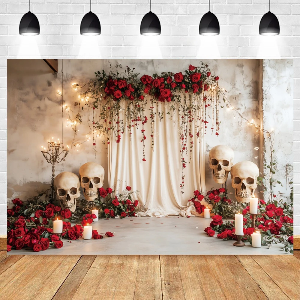 هالوين الرعب تحت عنوان الجمجمة الورود الزفاف خلفية الزهور الحمراء الشموع الاطفال الطفل التصوير الكبار التصوير الفوتوغرافي الدعائم الخلفيات