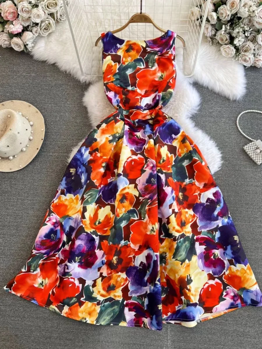 

Summer Fashion Temperament Sleevelees Flower Printed Dress Women's 2024 New O-Neck Waist Slim Fit A-line Casual Long Dress