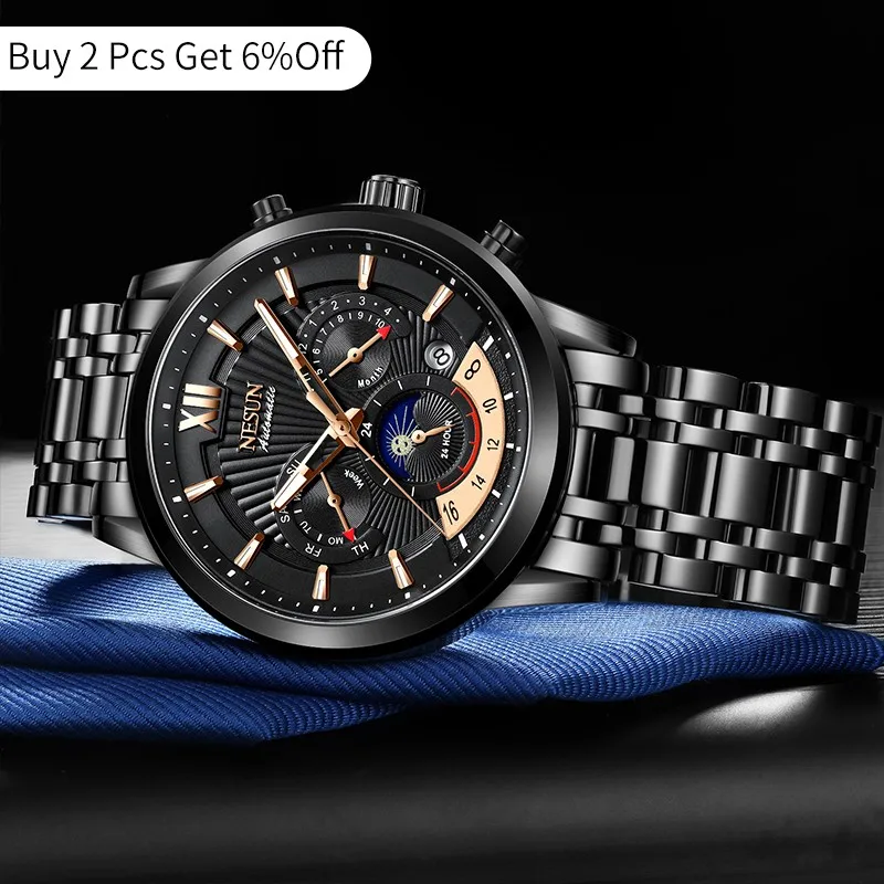 Nesun For Men Automatic Watch Chronograph Wristwatch Mechanical Moon Phase Male Military Calendar New 9025 Reloj Mecanico Hombre