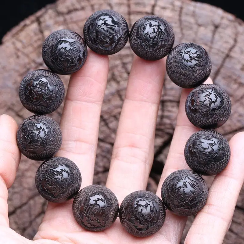 Natural Sandalwood Ebony Bracelet Men's 20mm Aggressive Carved Tiger Head Round Beads Hand String Wooden Jewelry Boutique Gifts