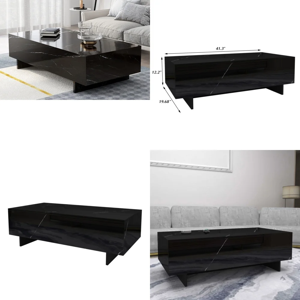 طاولات المقهى طاولة قهوة كبيرة باللون الأسود شديدة اللمعان مع قشرة رخامية لغرفة المعيشة الحديثة #1