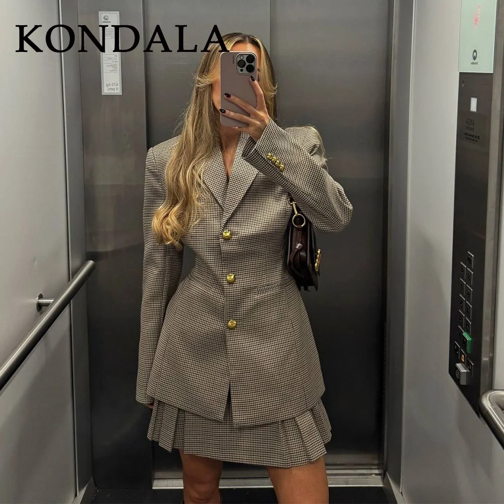 KONDALA 2025 Fall Winter Office Lady Houndstooth Women Blazer Fashion Vintage Single Breasted  Elegant Shrug Button Lady Blazer