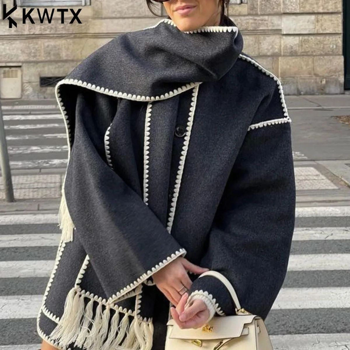 

KWTX женское зимнее твидовое пальто 2025 с цветными блоками, с круглым вырезом, однобортное, с шарфом, с кисточками, карманами, элегантное, новое