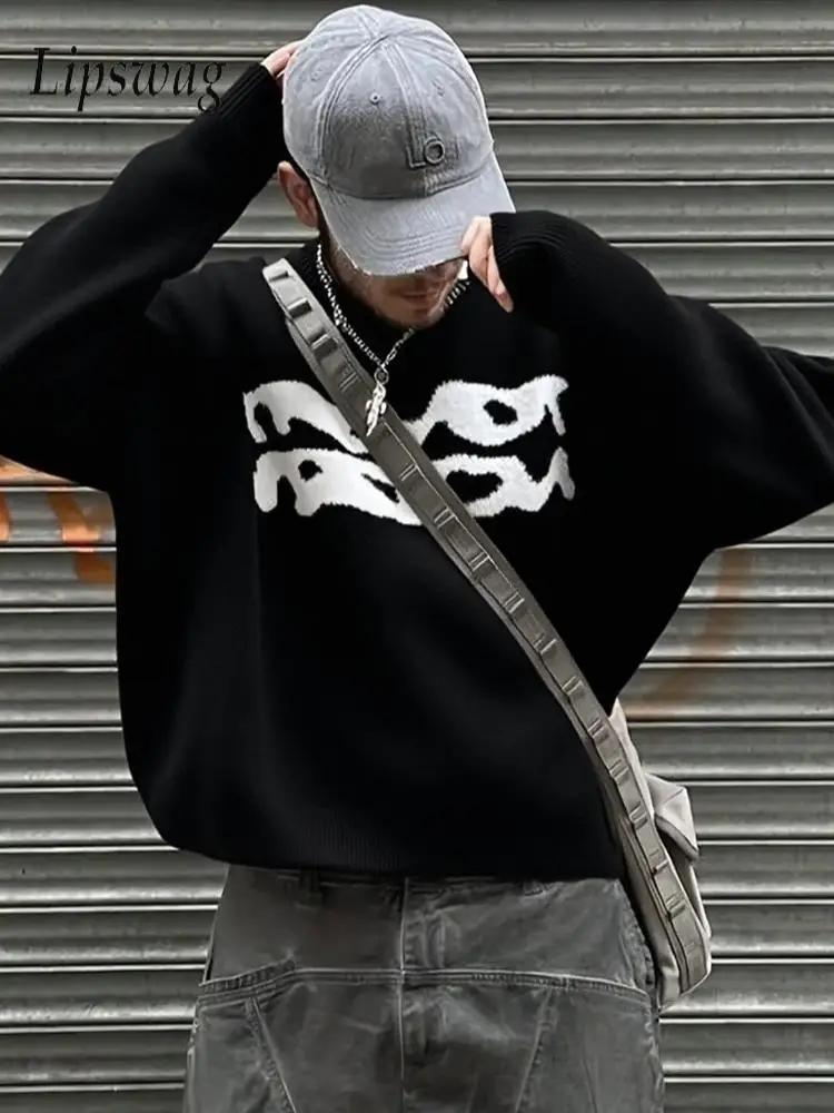 Sweater Rajut Lengan Panjang Trendi Pria, Fashion Outdoor Kerah Bulat, Sweater Longgar Musim Gugur Musim Dingin, Pullover Rajut Vintage Pria