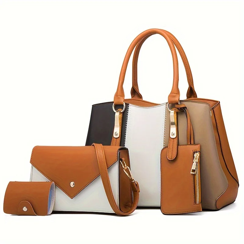 4-piece-colorblock-handbag-set-vibrant-stitching-spacious-tote-versatile-crossbody-mini-coin-purse-and-credit-card-holder