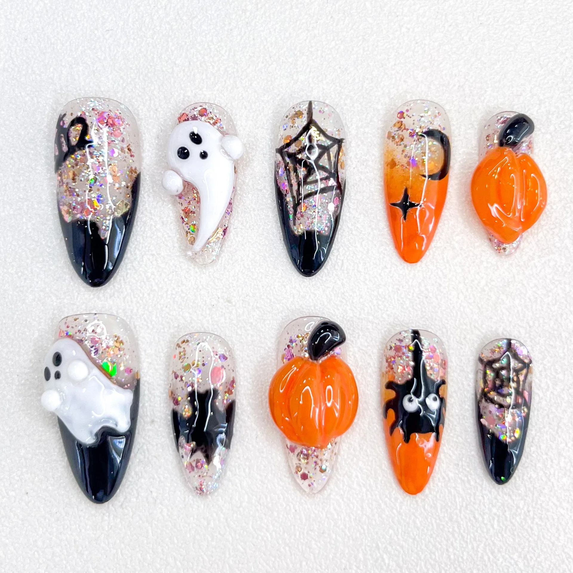 Halloween 3D Handmade Designer Fake Nails Orange Bow Relief Nail Gloss Fake Nails, Comes with Tool Kit Nail Press On