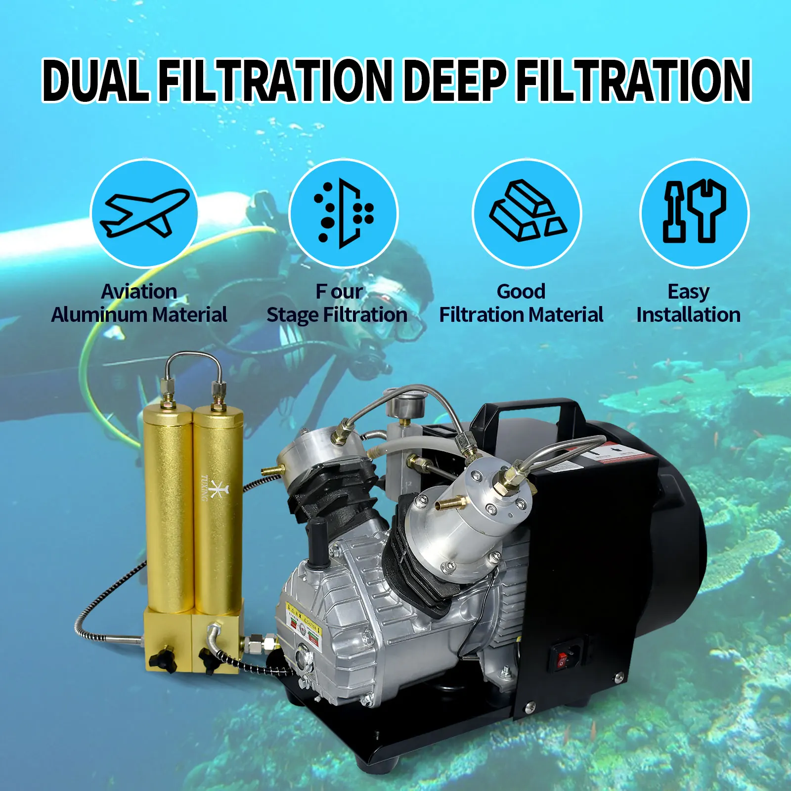 TUXING kompresor Air kompresor 4500PSI, pemisah Air minyak dua tahap penyaringan udara pemurni udara menyelam untuk kompresor tekanan tinggi