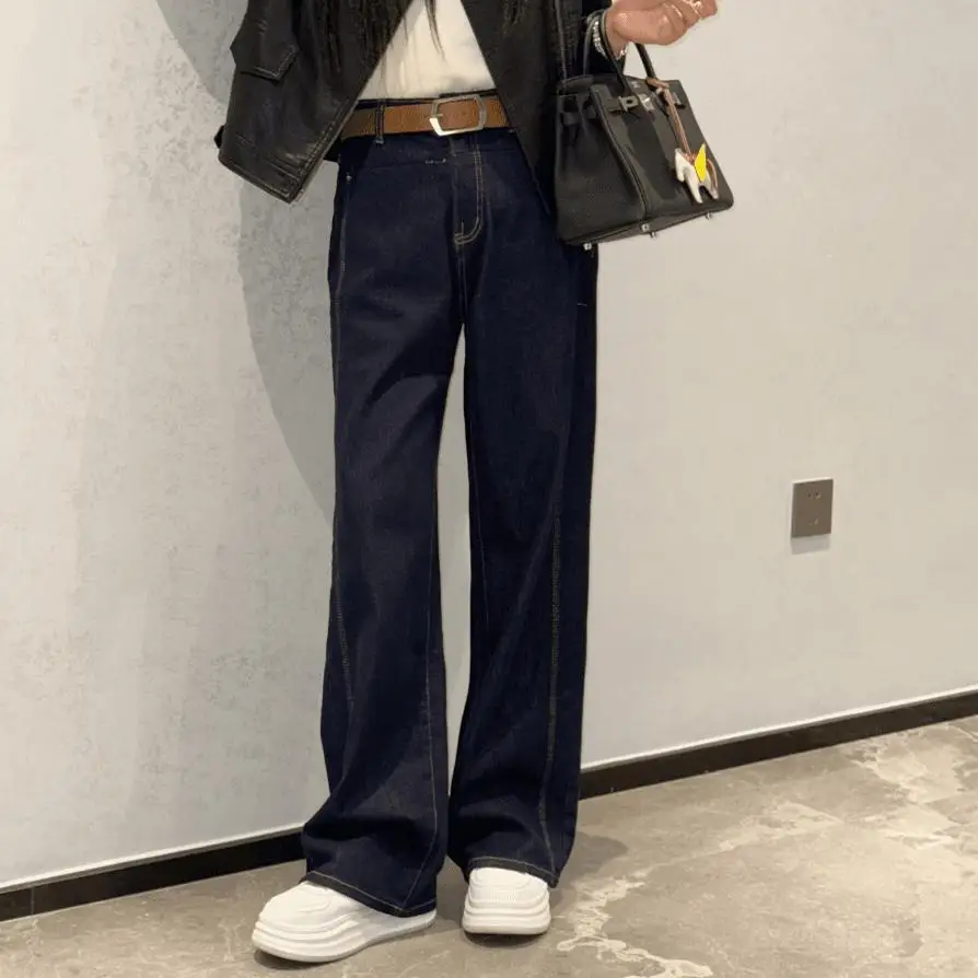 

High Waist Wide Leg Jeans Women's Spring Autumn 2024 New Style Slim Fit Banana Pants Deep Blue Long Trousers Denim Fabric